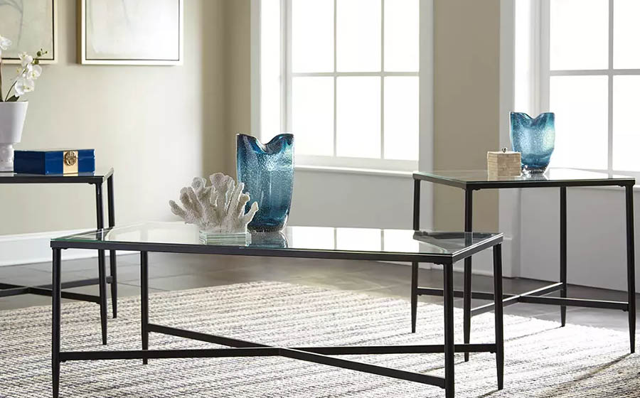 iron living room tables with blue glass vases
