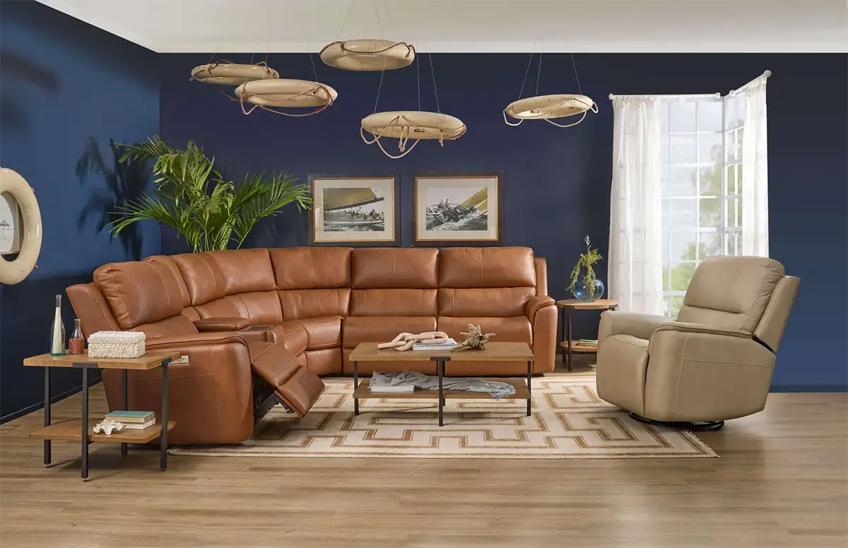 Caramel-colored leather power reclining sectional from the Flexsteel Henry Collection
